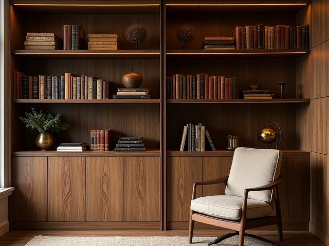 Elegant custom-fitted bookshelf with unique wood grain